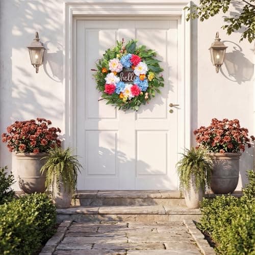 AMORISE 24" Peonies Wreaths for Front Door with Blue Hydrangea, Peonies, Dahlia, Phalaenopsis, Spring&Summer Outdoor Artificial Flowers for Wedding, Front Door Porch Yard Patio Home Decor - Thumbnail 5