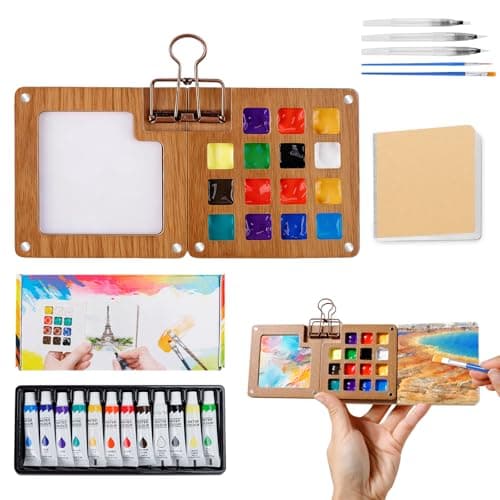 Watercolor Paint Set 12 Colors, 15-Compartment Mini Travel Watercolor Kit with 5 Brushes & Sketchbook, Portable Wooden Box with Color Storage Case for Plein Air & Urban Sketching - Image 1