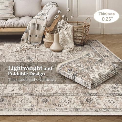 Area Rug 5x7 Washable Vintage - Soft Traditional Rugs for Living Room Large Non Slip Backing with Low Pile Farmhouse Oriental Retro Carpet for Bedroom Dining Room or Home Office - Tea Brown - Thumbnail 6