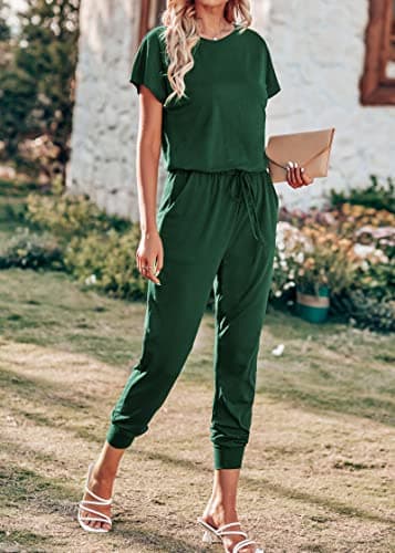 KIRUNDO Jumpsuits for Women Summer 2026 Casual Short Sleeve One Piece Outfits Drawstring Waist Long Pants Romper Jumpers(Dark Green, X-Large) - Thumbnail 5