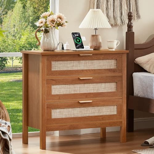 LEYAOYAO 31.5" Wide Rattan Night Stand with Charger Station, Large Boho 3 Drawer Nightstand, Teac Brown Bedside Table with Storage, 30" Tall Bed Side End Tables for Bedroom, Living Room, Hallway - Image 1