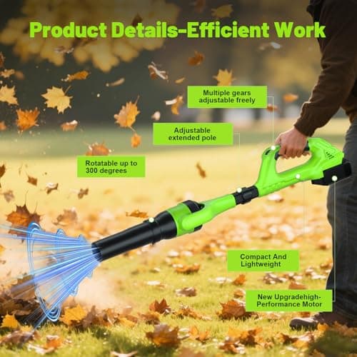 Leaf Blower Cordless, 21V Electric Leaf Blower Cordless with 2 Batteries, Adjustable 300° Multi-Angle Rotation Nozzle 3 Speed Modes 500CFM/180MPH for Lawn Care, Patio, Dust, Leaves, Yard, Car, Gutter - Thumbnail 6