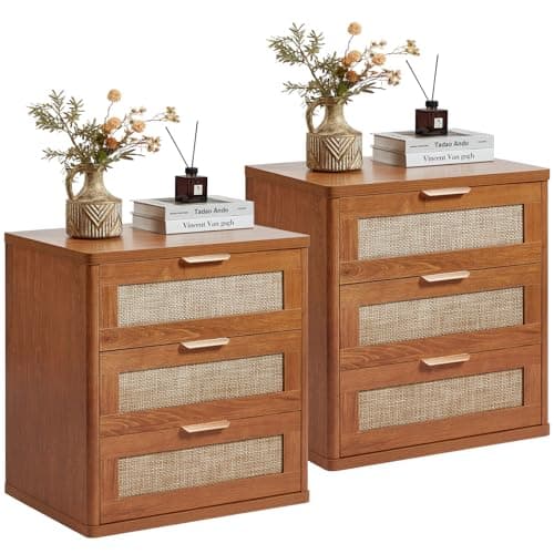 LEYAOYAO Rattan Night Stand Set of 2 with Drawers, 23" Large 3 Drawer Boho Nightstand, Natural Wood Bedside Table Storage Cabinet, Bed Side End Tables Dresser for Bedroom, Living Room, Hallway, Closet - Image 1