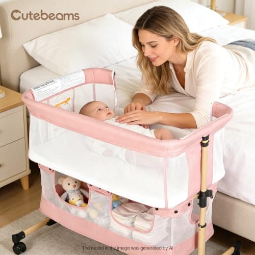 cutebeams Baby Bassinet, 3 in 1 Infant Bassinet Bedside Sleeper, Bassinet with Cover, Rocking Bedside Bassinet for Baby with Storage Basket, Foldable & Adjustable Travel Crib (Light Pink) - Thumbnail 2