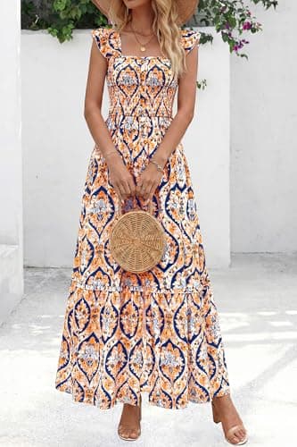 dowerme Womens Summer Maxi Dresses 2026 Casual Ruffle Sleeve Button Smocked Floral Slit Boho Dress Spring Beach Sundress(Blue Geometry,Medium) - Thumbnail 2