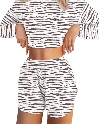 JUSTFASHIONNOW Pajamas for Women Set Shorts Print Lounge Set 2 Piece Outfits Comfy Long Sleeve Loungewear Matching Sleepwear Long Sleeve Top and Shorts Fall Winter (Brown, X-Large) - Image 1