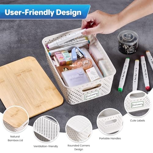 Anysig 8 Packs Plastic Storage Bins with Bamboo Lids - Stackable Storage Bins Decorative Small Basket Containers for Organizing Shelves Office Classroom Desktop Closet, Cream White - Thumbnail 3