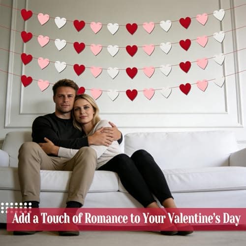 Oeyliz Valentines Day Decor Felt Heart Garland Valentines Day Banner 4 Pack Felt Red Heart Garland Banners Pre-Strung Heart Banner for Fireplace Mantel Walls Party Supplies Outdoor Home Hanging - Thumbnail 2