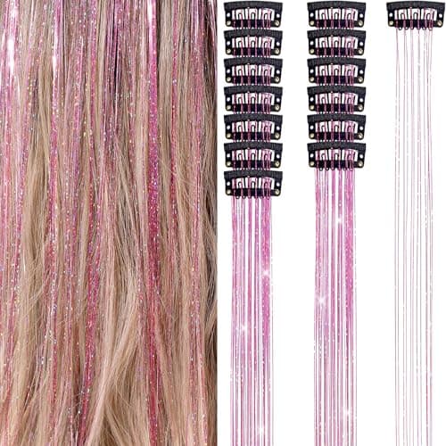 Hair Tinsel 12Pcs Clip in Hair Tinsel Extensions 20.5 Inch Fairy Hair Tinsel Kit for Girls Women Kids Glitter Hair Accessories for Christmas Halloween Cosplay Party (Pink) - Image 1