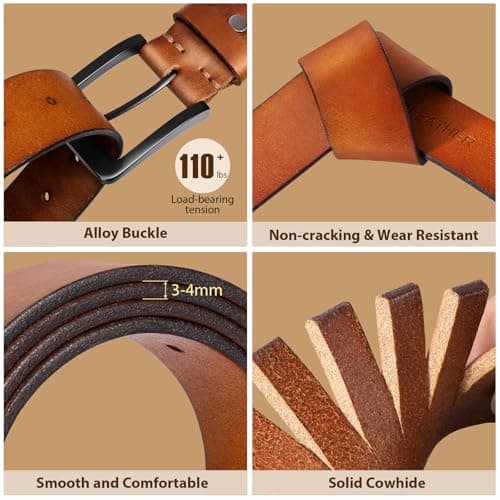 OZNDAS Men's Leather Belt Full Grain Leather Belts for Men Handmade Real Solid Top-Grain Leather Heavy-Duty Work Belt Gifts Brown Leather Belt for Wasit 40"-43" - Thumbnail 2