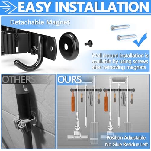 3-H Magnetic Broom Holder Wall Mount 1 Pack, 2-in-1 Dual Mount (No Drill or Screw Fix), 304 Stainless Steel Heavy Duty Magnet Mop Broom Organizer for Kitchen Garden Garage(4 Racks & 5 Hooks,Black) - Thumbnail 5