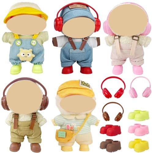 Ezcora 17cm Doll Clothes Overalls Outfit Set, Include 5 Styles with Hats, Headphones, Shoes and Bag, Cute Dress Up Accessories for Doll Play and Display, (No Dolls)