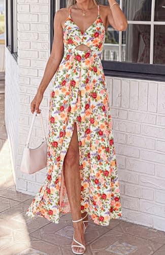 BTFBM Summer Dresses for Women 2026 Spring Floral Spaghetti Strap Smocked Cutout Maxi Dress Resort Beach Vacation Outfit(Floral White Multi, Small) - Thumbnail 6