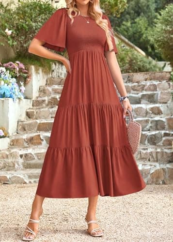 KIRUNDO Womens Dresses Casual Spring Summer Short Sleeve A Line Flowy Smocked Midi Blush Crew Neck Ruffle Tiered Beach Dress(Medium, Brick Red) - Thumbnail 3