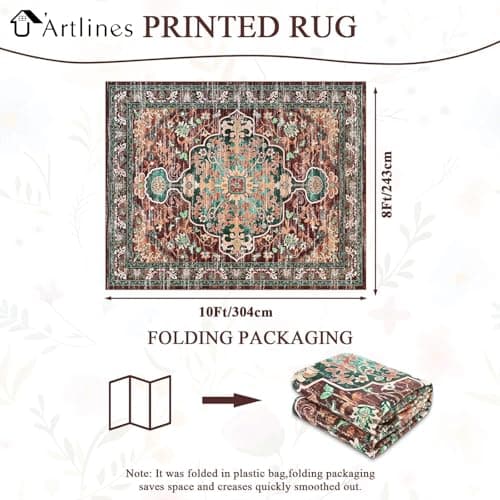 U'Artlines Boho Vintage Area Rug 8x10 Machine Washable Low Pile Ultra-Thin Soft Floor Carpet Non Slip Non Shedding Accent Rug for Living Room Bedroom Entryway Dining Room Office(Rust＆Teal) - Thumbnail 2