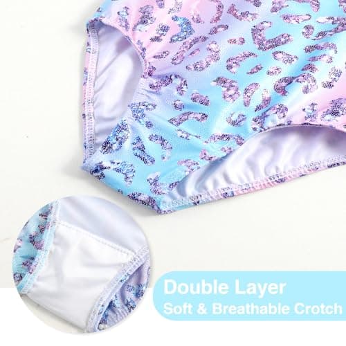 HOZIY Kids Leotards Gymnastics Biketards Unitards with Shorts Hairband Sparkly 3 Piece Sleeveless Activewear Tumbling Dance Outfits Leopard Purple Size 8-9 - Thumbnail 6