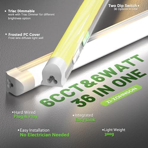 Zi-ZOHNSON 6 Pack Dimmable 4FT Led Shop Lights,30W 4500LM 3000-6500K Tunable,T8 Light Tube Commercial Bay Lighting,High Output,Plug and Play Linkable Shop Lights for Basement,Garage,Workbench,Barn - Thumbnail 2