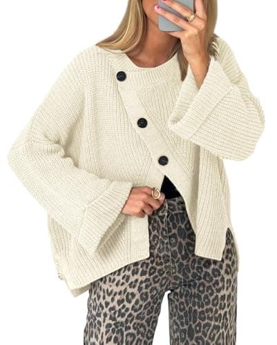 Balimtoy Womens Oversized Chunky Knit Cardigan Sweaters Trendy Long Sleeve Crew Neck Button Down Wrap Sweater Jackets White S - Image 1