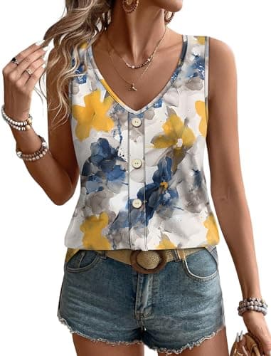 WIHOLL Summer Womens Boho Tops Fashion Clothing Plus Size Tank Tops V Neck Travel Cruise Outfits T Shirts Patterned-Flower 2XL - Image 1