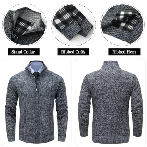 Msmsse Men's Knitted Full Zip Cardigan Sweater Slim Fit Casual Stand Collar Sweater with Pockets Dark Grey 2XL - Thumbnail 2