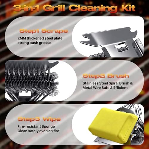 YEBLEM 3-in-1 Grill Brush and Scraper with 2 Sponges, 18" Heavy Duty Stainless Steel Bristle BBQ Cleaner, Heat Resistant Barbecue Grilling Tool, Ideal Outdoor Gift for Men & Dad (Black) - Thumbnail 2
