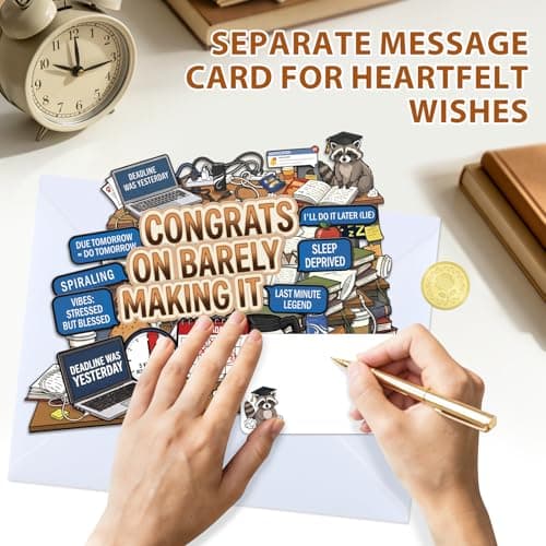 D4DREAM Funny College Graduation Card - MeMe Congrats on Barely Making It, Last Minute Legend, Raccoon, Powered by Panic & Coffee, 5-Layer Pop Up Graduation Card for High School College Graduates - Thumbnail 5