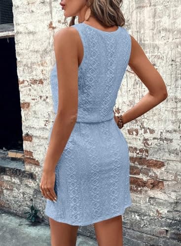 Acelitt Spring Summer Tank Dresses for Women 2026 Hollow Out Textured Drawstring Mini Dress Beach Vacation Outfits Sky Blue XX-Large - Thumbnail 3