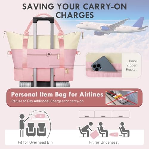 WOOMADA Weekender Bags for Women, Carry On Overnight Bag with Toiletry Bag, Personal Item Travel Duffel for Travel, Sports, Hospital(Beige&Pink) - Thumbnail 6