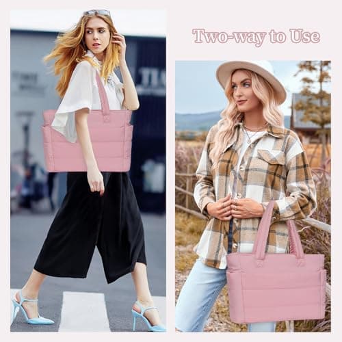 JHhomezeit Puffer Tote Bag for Women-Large Work Tote Bags Quilted Lightweight Puffy Bags Shoulder Bag with Laptop Compartment Pink - Thumbnail 2