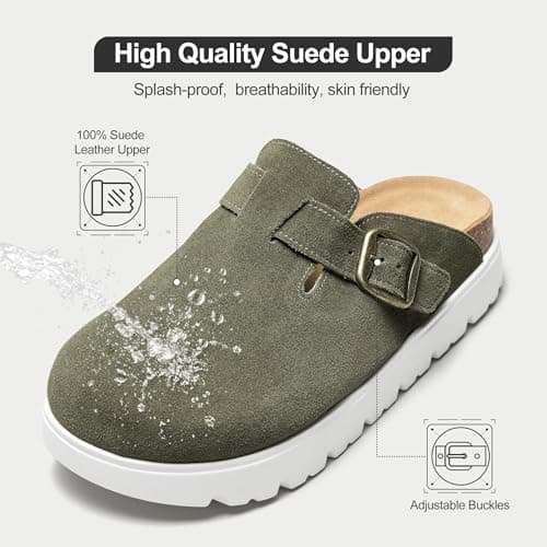 Women's Platform Suede Clogs Slip-On Mules Non-Slip Potato Shoes Sandals with Arch Support Adjustable Buckle Green - Thumbnail 3