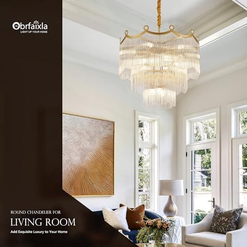 brfaixla 23.1" Modern Glass Gold Chandelier Light Fixture Luxury Glam 3-Tier Crystal Chandeliers for Dining Room 13-Light Round Hanging Ceiling Pendant Lighting for Living Room Bedroom Entrance Foyer - Thumbnail 4