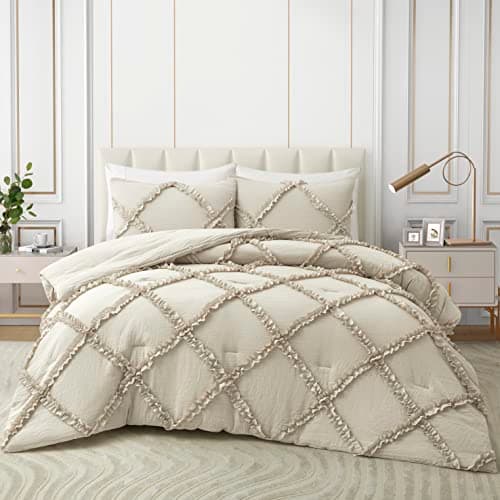 Bonlino King Comforter Set Soft Bedding - 3 Pcs Tufted Decor Fluffy Comforter Boho Bed in a Bag with Cute Lightweight Pillowcase for Dorm Farmhouse Bedroom Luxury Gift(Wheat) - Image 1