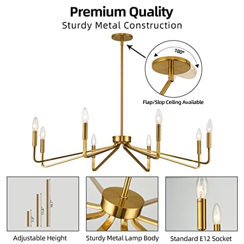 ACANER 38" Gold Chandeliers for Dining Room, 8-Light Modern Farmhouse Chandelier Light Fixture, Brushed Brass Industrial Candle Lighting Hanging Ceiling for Living Room Bar Kitchen Island Lights - Thumbnail 4