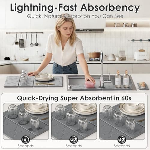 3-Piece Stone Dish Drying Mat Set for Kitchen Counter -24"x16" Large Absorbent Diatomaceous Earth Mat for Countertop, Stone Faucet Mat & Soap Tray- Quick Dry, Non-Slip - Thumbnail 2