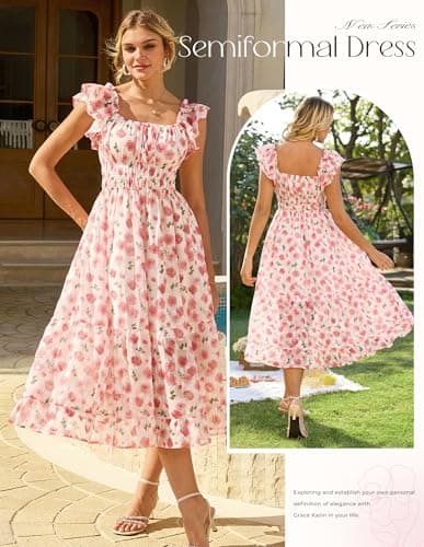 GRACE KARIN Women's Floral Midi Cottagecore Dress Square Neck Ruffle Sleeve Spring Dress Formal Wedding Guest Dresses Pink L - Thumbnail 5