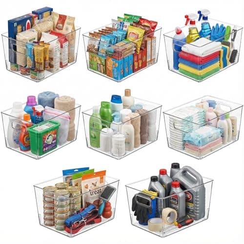 MOONEDGE Large Clear Plastic Storage Bins 8 Pack, 12" x 8" x 6" Pantry Organizer Bins for Kitchen, Closet, Garage, Laundry Room & Office, Food-Grade PET, Easy to Clean - Image 1