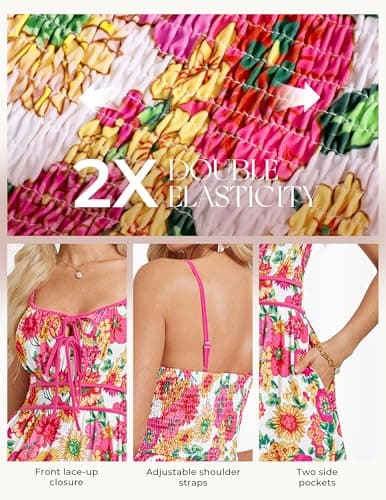 GRACE KARIN 2026 Women's Summer Maxi Dresses, Tie Front Floral Boho Dress, Spaghetti Strap Sundress with Pockets, Pink Yellow L - Thumbnail 3