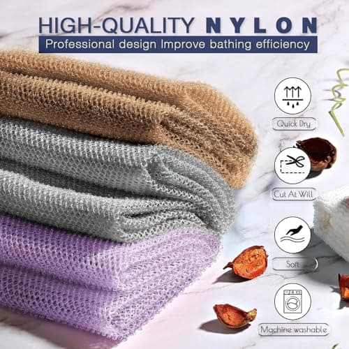 UJFQBH 3 Pieces African exfoliating net African Net Long Net Bath Sponge Exfoliating Shower Body Scrubber Back Scrubber Skin Smoother,Great for Daily Use (Purple、Gray、Brown) - Thumbnail 4