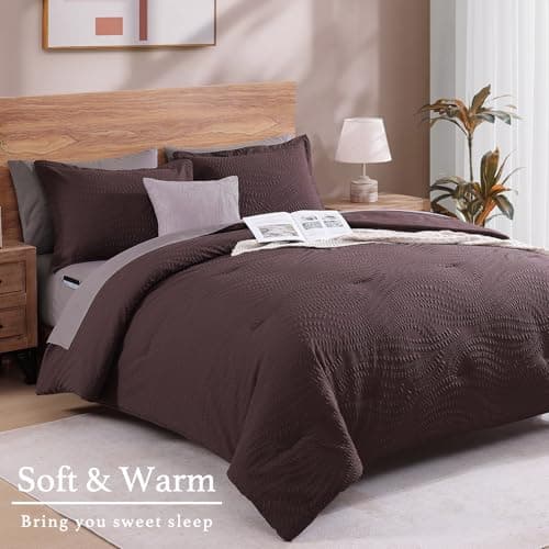 Geniospin Full Size Comforter Set - 7 Pieces Purple Bedding Set, Botanical Textured Comforter Set, All Season Comfortable Bed in a Bag with Comforter, Sheets, Pillowcases & Shams - Thumbnail 2