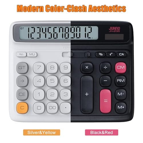 Niodel 12-Digit Desktop Calculator, Modern Color-Clash Aesthetic Design, Dual Power (Solar & Battery), Ergonomic Tilted Large LCD Display for Office, School and Accounting (Silver&Yellow) - Thumbnail 2