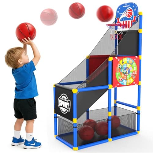 EagleStone 2-in-1 Kids Arcade Basketball Hoop with Dart Board,4 Balls Adjustable Height Basketball Toy Indoor Outdoor Carnival Games Gift for Boys Girls Toddlers Ages 3-6 Years Old,Pump Included - Image 1