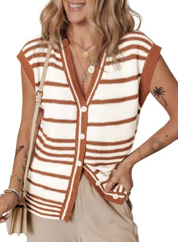 Dokotoo Striped V Neck Button Sweater Vest Open Front Summer Fall Clothes for Women 2026 Vest Tops for Women Brown Large - Image 1