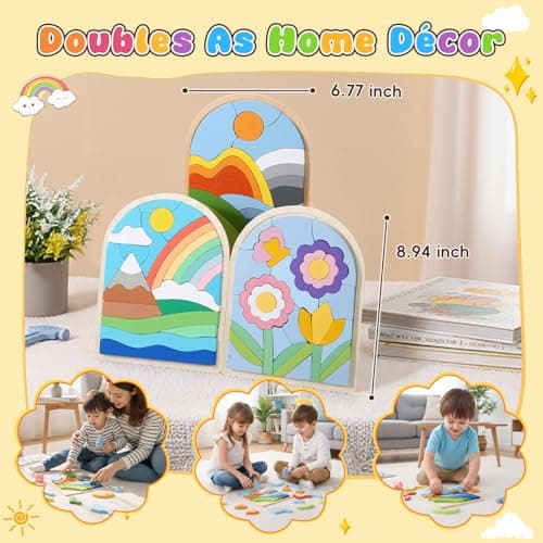Safmord Montessori Wooden Shape Puzzles - Color Matching & Cognition Fun for Kids Over 3 Years Old, with Rainbow Blocks & Themes, Fine Motor Skill Building Toys & Gifts (3 Pack Colorful) - Thumbnail 5