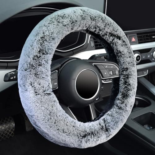 KAFEEK Frost Fluffy Microfiber Plush Steering Wheel Cover for Winter Warm, Universal 15 inch Soft Fuzzy Steering Wheel Cover,Cool Black - Image 1