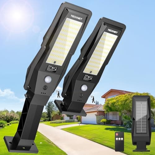 TECKNET Solar Street Lights Outdoor Waterproof - Dusk to Dawn Solar Powered Street Lights IP66, Pole & Wall, with Motion Sensor & Remote, 3 Work Mode, Security Light for Driveway, Yard, Garage, 2 Pack - Image 1