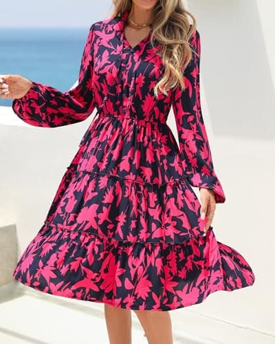 BTFBM Women Fall Dresses 2025 Floral V Neck Long Sleeve Tiered Ruffle Boho Swing Flowy A-Line Mini Dresses Vacation(Navy Rose Red Floral,XX-Large) - Thumbnail 3