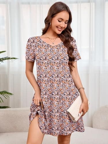 Moodclo Women Casual Summer Dresses Luxuriant Flowers Black X-Large Short Sleeve Loose Tshirt Beach Sundress V Neck Swing Dress with Pockets 2026 Trendy - Thumbnail 2