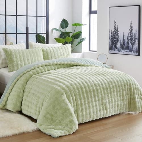 Bedbay Faux Fur Comforter Set Queen Size Sage Green Comforter Luxury Rabbit Fur Plush Fuzzy Furry Bedding Set 3 Pieces Soft Warm Shaggy Velvet Reversible Quilt Duvet Set for Boys Girls Kids - Image 1