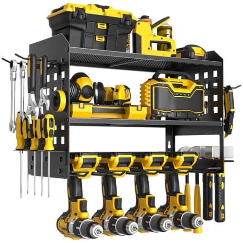 SPACECARE Power Tool Organizer, Drill Holder Wall Mount with 2 Side Pegboards with Hooks, 3 Layer Garage Organization Heavy Duty Tool Organizers Utility Rack for 4 Drill Holders Black - Image 1