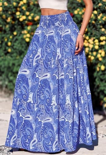PRETTYGARDEN Women's Smocked High Waisted Long Summer Skirts 2026 Floral A Line Tiered Flowy Classy Boho Beach Maxi Skirt (Blue Floral, Medium) - Thumbnail 3